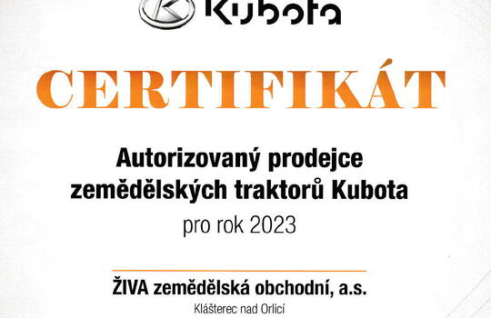 V roce 2023 držíme opět osvědčení autorizovaný prodejce Kubota